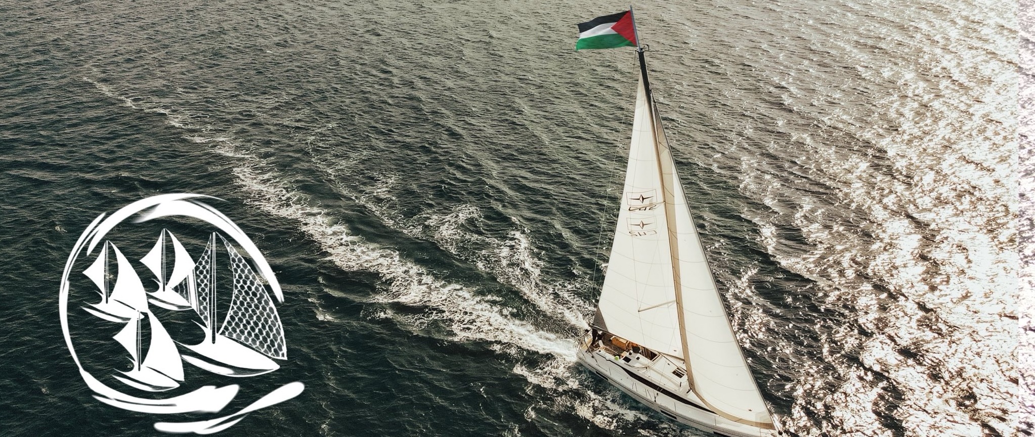 Sailboat with Palestinian flag sailing on the Mediterranean Sea - 1000 Madleens to Gaza campaign